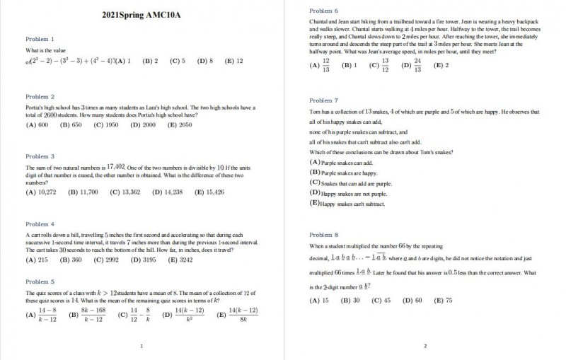 2021AMC10美国数学竞赛真题AB卷及答案高清PDF可打印